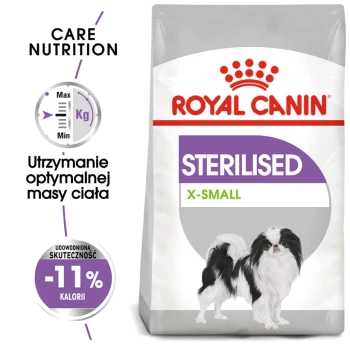 Torba karmy dla psów Royal Canin Sterilised X-Small z ilustracją czarno-białego psa, promująca utrzymanie wagi i -11% efektywności kalorycznej.