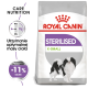 Torba karmy dla psów Royal Canin Sterilised X-Small z ilustracją czarno-białego psa, promująca utrzymanie wagi i -11% efektywności kalorycznej.