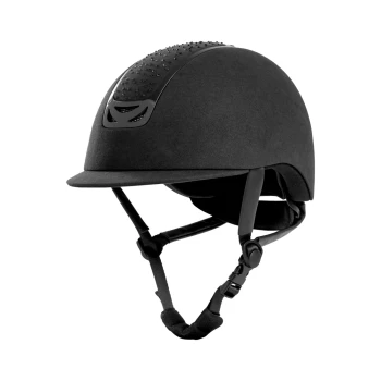 Schwarzer Reithelm mit einem eleganten Design und strukturiertem Oberteil, mit verstellbaren Riemen für einen sicheren Sitz.