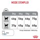 Guide d'alimentation pour les chats montrant les recommandations de poids idéales et en surpoids en grammes pour les chats de 3 kg à 6 kg, avec une icône d'eau et des informations énergétiques.
