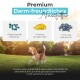 Premium-Hundefutter-Werbung mit einem Beagle, der in einem Park läuft, und hebt Präbiotika, Omega-3-Öle, Zink und Vitamin D3 hervor.