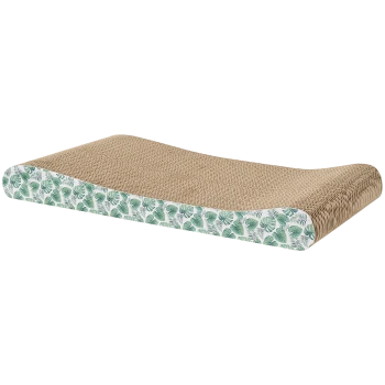 Griffoir pour chat avec un design ondulé, comportant une surface tissée naturelle et un motif de feuilles tropicales sur les côtés.