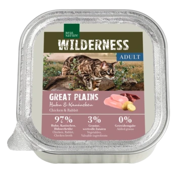 Verpackung für Nasskatzenfutter mit einer Bengal-Katze, beschriftet mit "Wilderness Adult Great Plains," 97% Huhn/Kaninchen, 3% Gemüse, 0% Getreide.