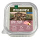 Verpackung für Nasskatzenfutter mit einer Bengal-Katze, beschriftet mit "Wilderness Adult Great Plains," 97% Huhn/Kaninchen, 3% Gemüse, 0% Getreide.
