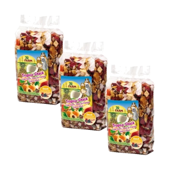 Trzy torby JR Farm Tropica-Snack, wypełnione kolorowymi suszonymi owocami i orzechami, oznaczone jako owocowa przekąska dla zwierząt.
