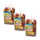 Trzy torby JR Farm Tropica-Snack, wypełnione kolorowymi suszonymi owocami i orzechami, oznaczone jako owocowa przekąska dla zwierząt.