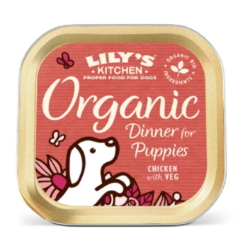 Lily's Kitchen Organic Dinner for Puppies, featuring a playful puppy illustration, with text highlighting chicken and vegetables.