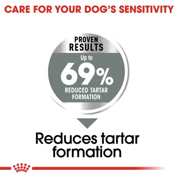 Image promoting a dog dental product, stating "Proven Results: Up to 69% Reduced Tartar Formation" with a focus on tartar reduction.