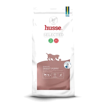 Beutel Husse Valp Digest Welpenfutter, mit einem Cartoon-Hund-Logo und Text: "75% tierisches Protein" und "Für empfindliche Verdauung."