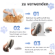 Bild einer Person, die eine Katze mit einer Bürste pflegt. Schritte: Fell kämmen, Knopf drücken, um Haare zu lösen, Bürste reinigen. Text: "Einfach zu verwenden."