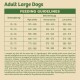 Feeding guidelines for large adult dogs, showing daily serving sizes by weight, activity level, and nutritional info.