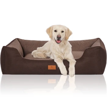 Ein Golden Retriever ruht sich bequem auf einem plüschigen, braunen Hundebett mit einem Holzschild, das ein Logo zeigt, und präsentiert eine gemütliche Haustierumgebung.