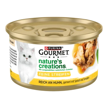 Dosenfutter für Katzen von Purina Gourmet, beschriftet mit "Naturkreationen", mit Huhn, Spinat und Tomaten.