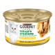 Nourriture en conserve pour chats de Purina Gourmet, étiquetée "créations de la nature", avec du poulet, des épinards et des tomates.