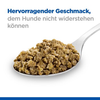 Hervorragender Geschmack, dem Hunde nicht widerstehen können, mit einer Nahaufnahme von Hundefutter auf einem Löffel.