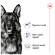 Image of a dog with text highlighting benefits: "Digestive health," "Bone & joint support," and "Optimal health support."