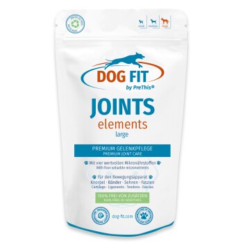 Weißer wiederverschließbarer Beutel mit Aufschrift 'DOG FIT JOINTS elements large' — Premium-Gelenkpflege für Hunde, 100% frei von Zusatzstoffen