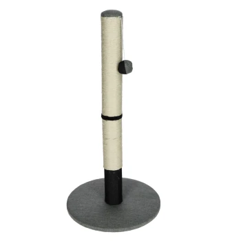 Hoher beiger und schwarzer Katzenkratzbaum mit hängendem Ballspielzeug auf rundem grauem Sockel.