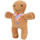 Jouet pour animal en peluche en forme de bonhomme en pain d'épice avec visage souriant, écharpe rayée pastel, broderie boutons-bonbons et bordure imitant du glaçage blanc.