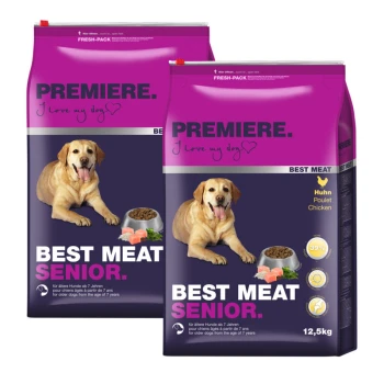 Zwei Tüten Premiere Best Meat Senior Hundefutter, mit einem braunen Hund, wobei die Nährwertinformationen 39% Protein und 12,5 kg Gewicht hervorheben.