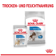 Verpackung von Royal Canin Light Weight Care Hundefutter, mit einem kleinen 85g Beutel und einem größeren Sack, mit Text, der die Vorteile des Gewichtsmanagements hervorhebt.