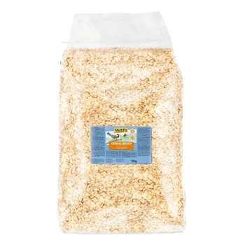 Ein 10-kg-Beutel mit Erdnussgranulat für Vögel, beschriftet mit "Multifit Erdnussbruch", mit einem blauen und gelben Design, das eine Vogelgrafik zeigt.
