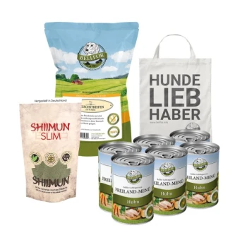 Haustierfutterprodukte: BELLFOR Leckerlis, SHIIMUN SLIM Paket, FREILAND-MENÜ Huhn Dosen und eine Tragetasche mit der Aufschrift "HUNDE LIEB HABER".