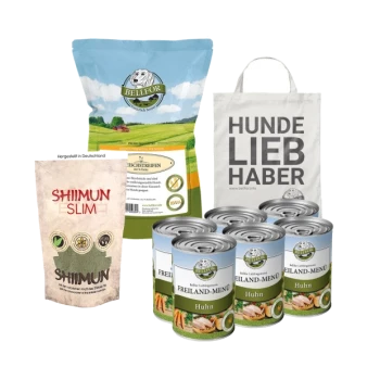 Haustierfutterprodukte: BELLFOR Leckerlis, SHIIMUN SLIM Paket, FREILAND-MENÜ Huhn Dosen und eine Tragetasche mit der Aufschrift "HUNDE LIEB HABER".