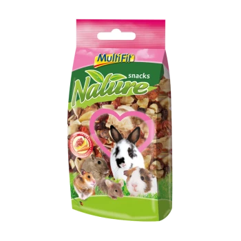 Bunte "Multifit Nature Snacks" Verpackung mit Bildern eines Kaninchens, Meerschweinchens und Hamsters, plus einem herzförmigen Fenster für Snacks.