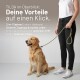 Golden Retriever sitzt, während eine Person eine khakifarbene TILDA 2‑in‑1-Leine hält; sichtbarer Text: „TILDA im Überblick“