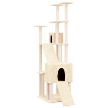 Ein hoher, beiger Katzenbaum mit mehreren Plattformen, einem gemütlichen Versteck und einer Rampe für einfachen Zugang. Ideal zum Klettern und Spielen.