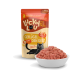 Beutel mit Lucky Lou Erwachsenen Katzenfutter mit Geflügel und Pastinaken, neben einer Schüssel mit rohem Fleisch. Text: "96% Fleisch!" und "Getreidefrei, kein Zuckerzusatz."