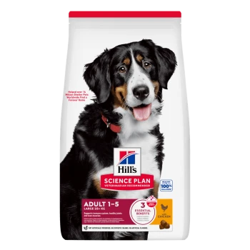 Hill's Science Plan hondenvoerzak met grote zwart-witte hond; labels 'Adult 1-5 Large 25+ kg' en 'met kip'