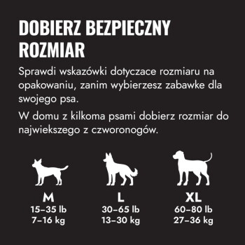 Czarny wykres rozmiarów zwierząt pokazujący sylwetki psów i rozmiary: M 15–35 lb (7–16 kg), L 30–65 lb (13–30 kg), XL 60–80 lb (27–36 kg).