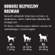 Czarny wykres rozmiarów zwierząt pokazujący sylwetki psów i rozmiary: M 15–35 lb (7–16 kg), L 30–65 lb (13–30 kg), XL 60–80 lb (27–36 kg).