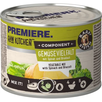 PAW KITCHEN Nassfutter Hund Adult Component, Gemüsevielfalt mit Spinat und Brokkoli 6x200 g Eine Dose "Premiere Raw Kitchen" Haustierfutter mit einer Gemüsemischung aus Spinat und Brokkoli, mit Mischanweisungen und "Komponente: Gemüsevielfalt."