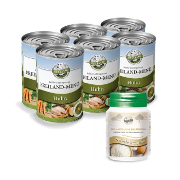 Sechs Dosen Bellfor Freiland-Menü Huhn Tiernahrung und ein Behälter mit natürlichen Ergänzungsmitteln für Gelenke und Knochen.