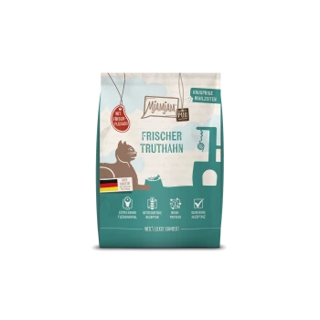 MjAMJAM Pur Katzenfutterbeutel mit der Aufschrift 'Frischer Truthahn', Katzensilhouette, deutscher Flagge und Kennzeichnung 'Mit Frischfleisch'.