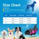 Größentabelle für Hundebekleidung mit Maßen für die Größen M, L und XL, mit drei Hunden und einem Hundegeschirr.
