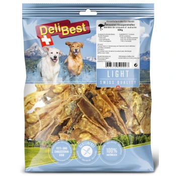 DeliBest Hundeleckerlis Verpackung mit leichten, glutenfreien Straußstreifen, 500g, mit Schweizer Qualitätslabel und Nährwertinformationen.