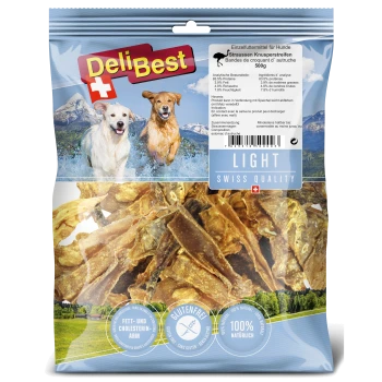 DeliBest Hundeleckerlis Verpackung mit leichten, glutenfreien Straußstreifen, 500g, mit Schweizer Qualitätslabel und Nährwertinformationen.