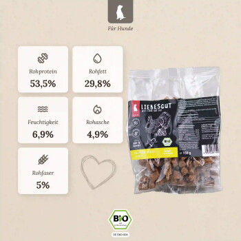 Durchsichtiger Beutel mit Liebesgut‑Leckerlis (Für Hunde) mit Nährwertangaben: Rohprotein 53,5 %, Rohfett 29,8 %, BIO‑Label.