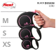 A hand holding a Flexi retractable dog leash in black with pink accents, showcasing three sizes: XS, S, and M, labeled on the left.