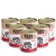Sechs Dosen DOGS'n TIGER Hundefutter, beschriftet "GUAND! Rind mit Kübiss," mit einer lächelnden Hundegrafik und dem Hinweis "100% natürlich."