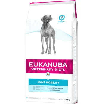 Eukanuba Veterinary Diets Beutel mit einem grauen Hund, mit der Aufschrift "GELENKMOBILITÄT", mit ernährungsphysiologischen Unterstützungsansprüchen in mehreren Sprachen.