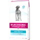 Eukanuba Veterinary Diets Beutel mit einem grauen Hund, mit der Aufschrift "GELENKMOBILITÄT", mit ernährungsphysiologischen Unterstützungsansprüchen in mehreren Sprachen.