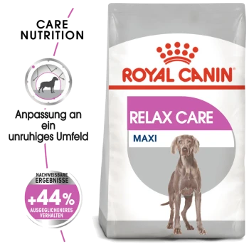 Royal Canin Relax Care Maxi Hundefutterbeutel, mit einer Hundesilhouette, behauptet, das Verhalten in stressigen Umgebungen um +44% zu verbessern.