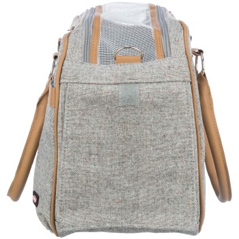 Grau Haustiertrage mit Netzoberseite, hellbraunen Lederakzenten und einer Seitentasche, entworfen für den Transport kleiner Haustiere.
