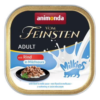 Animonda Vom Feinsten Katzenfutter in einem goldenen und schwarzen Behälter, mit Rindfleisch in Milchsoße, einem kleinen Futternapf und dem Text "Milkies."