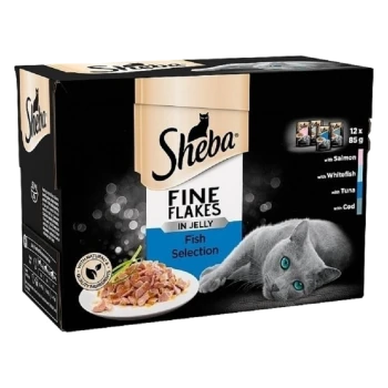 Sheba Fine Flakes in Jelly Fish Selection cat food box featuring a gray cat and a plate of food with salmon, whitefish, tuna, and cod.